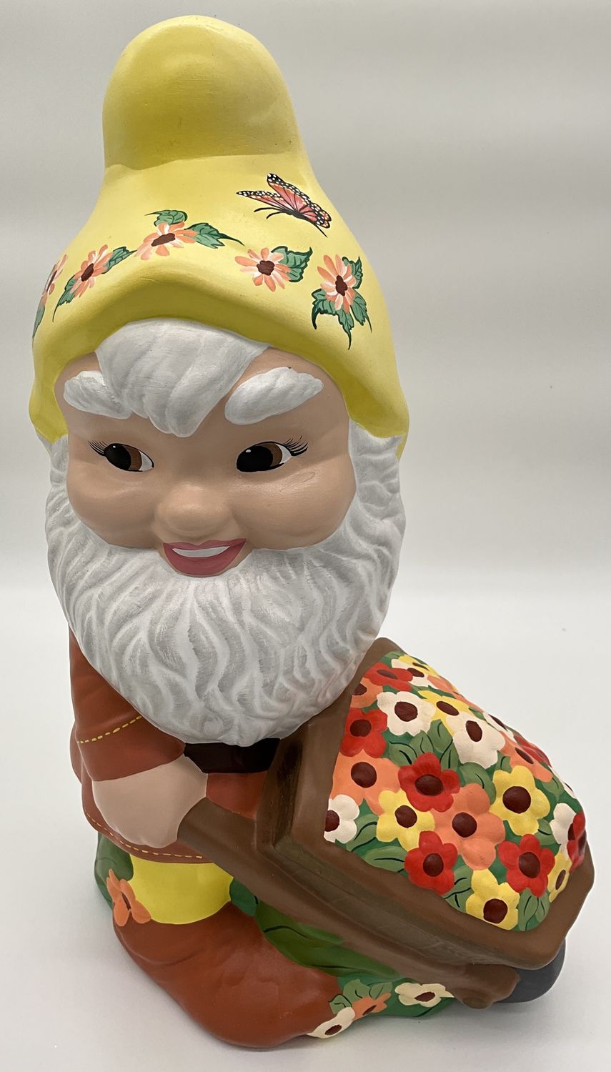Gnome with wheelbarrow, pastel