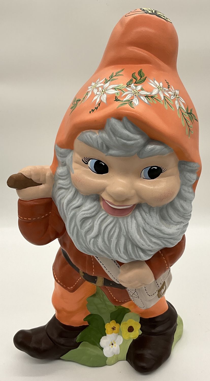 Gnome with ax with handpainted flowers