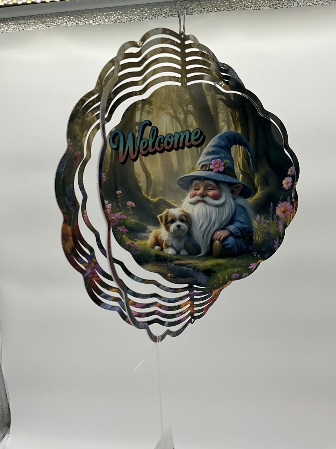 Gnome Welcome floral dog wind spinner