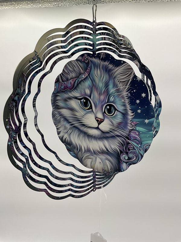 Whimsical cat wind spinner in blues
