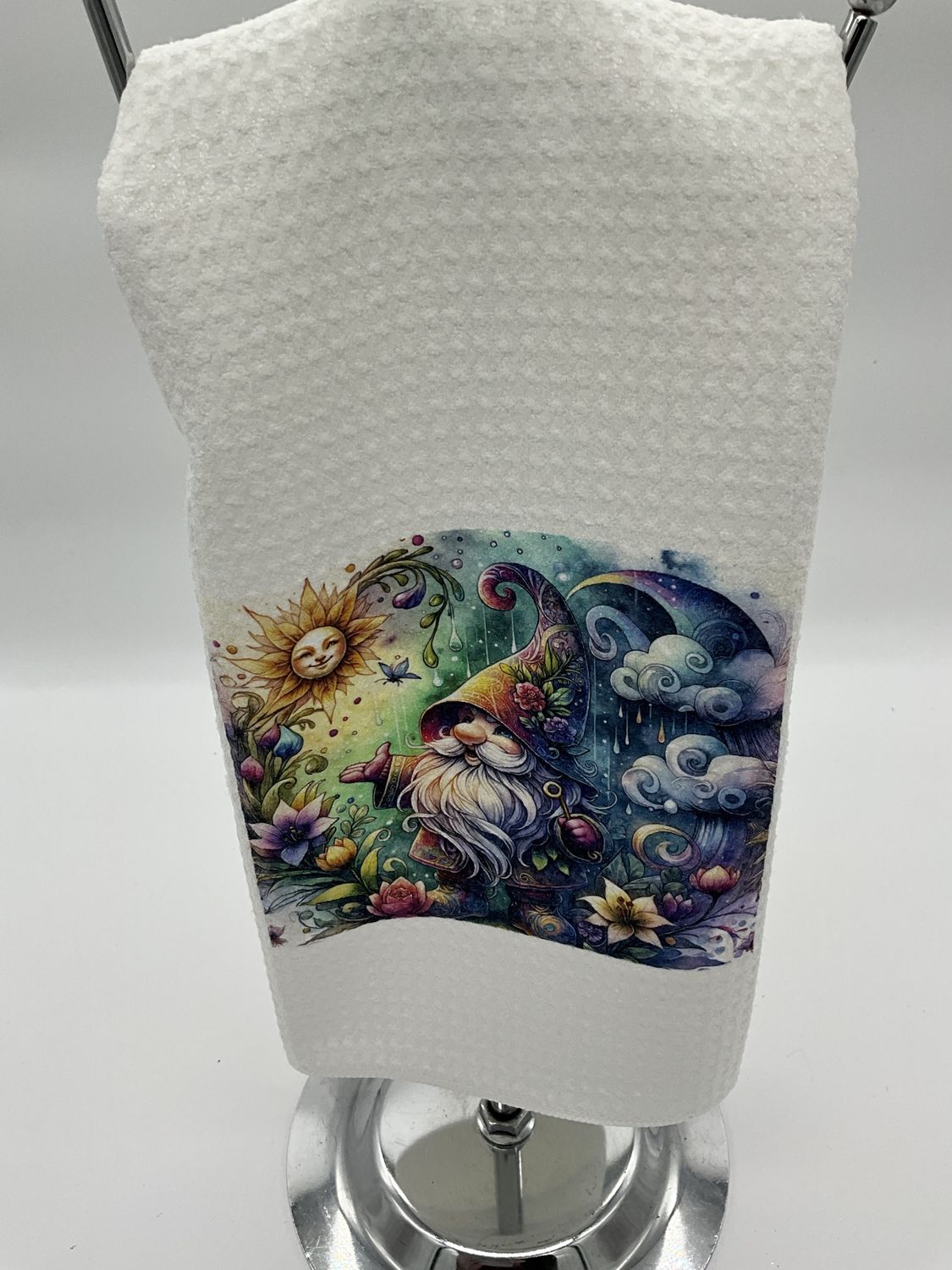 Gnome towel  w/sunshine. clouds, floral