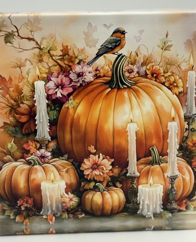 AUTUMN PUMPKIN,CANDLE, FLORAL CANVAS