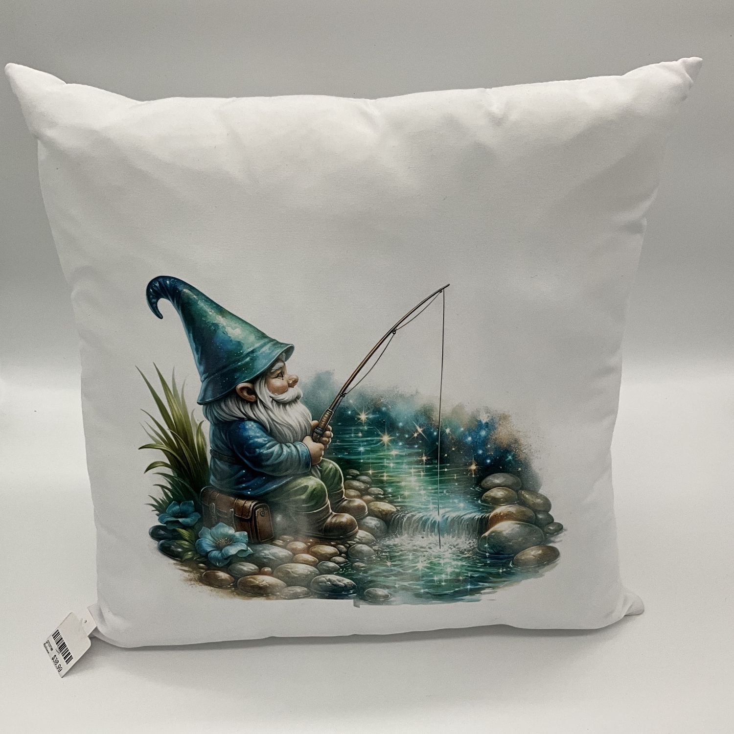 gnome fishing teal tones pillow