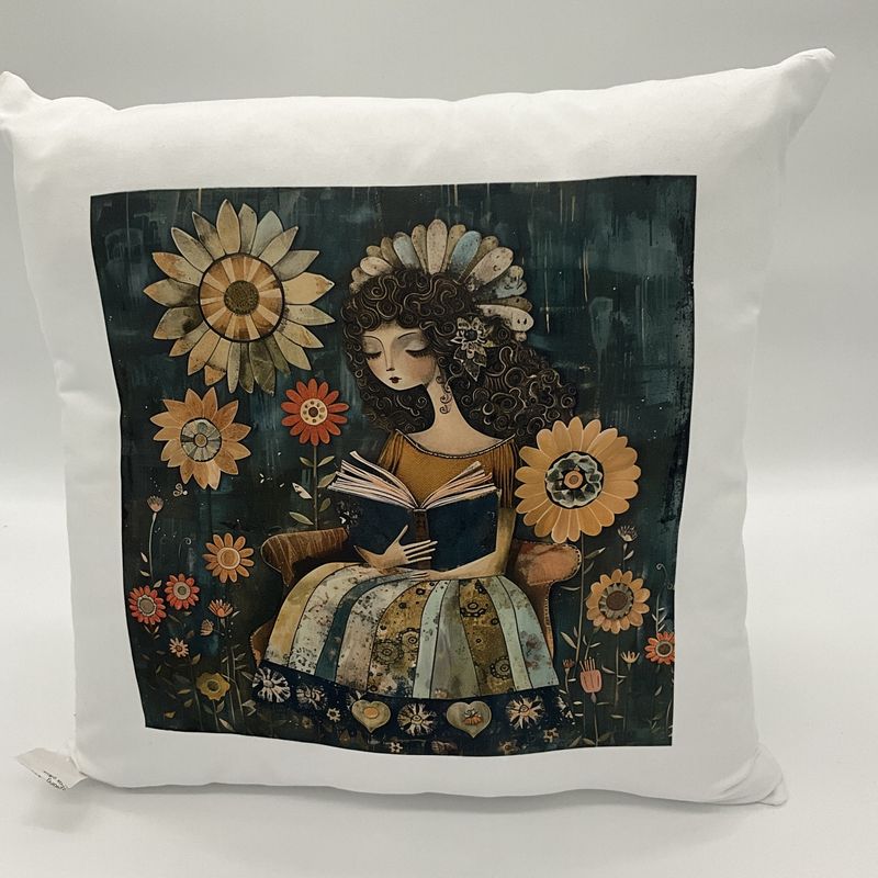 Whimisical girl reading book pillow