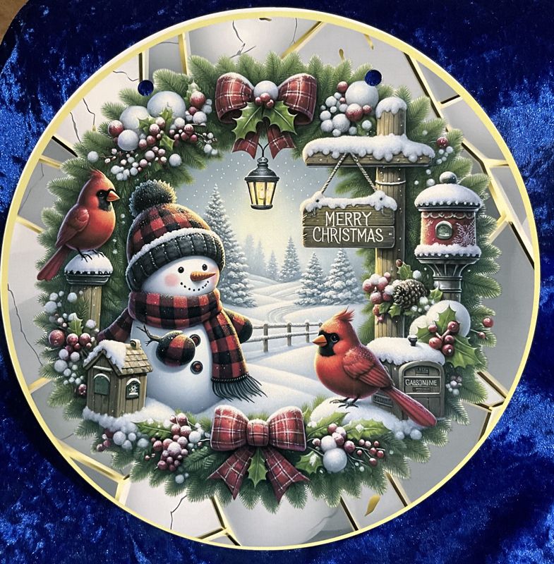 Snowman scene metal signs with cardinals