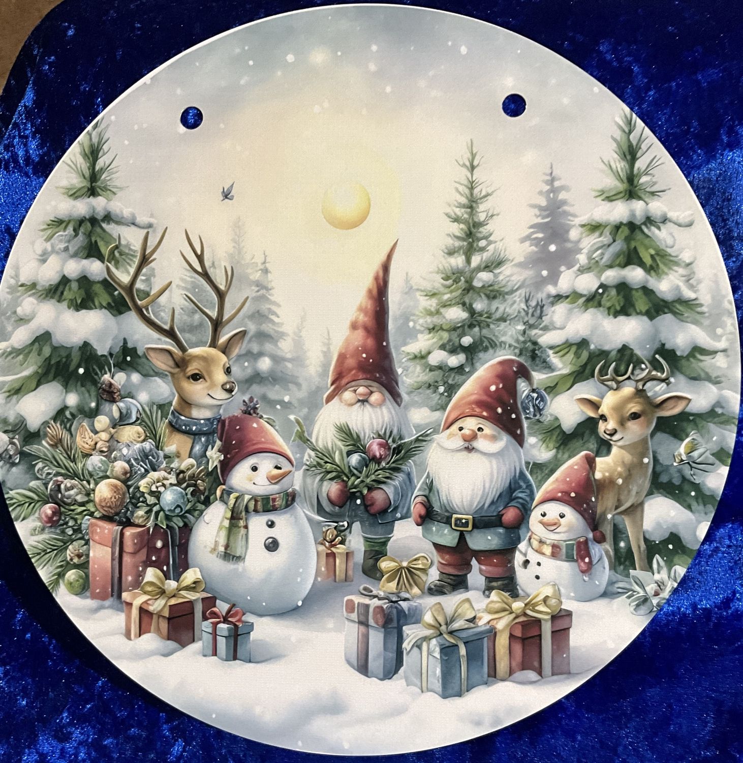 Gnomes, Snowmen, deer in a winter scene metal sign
