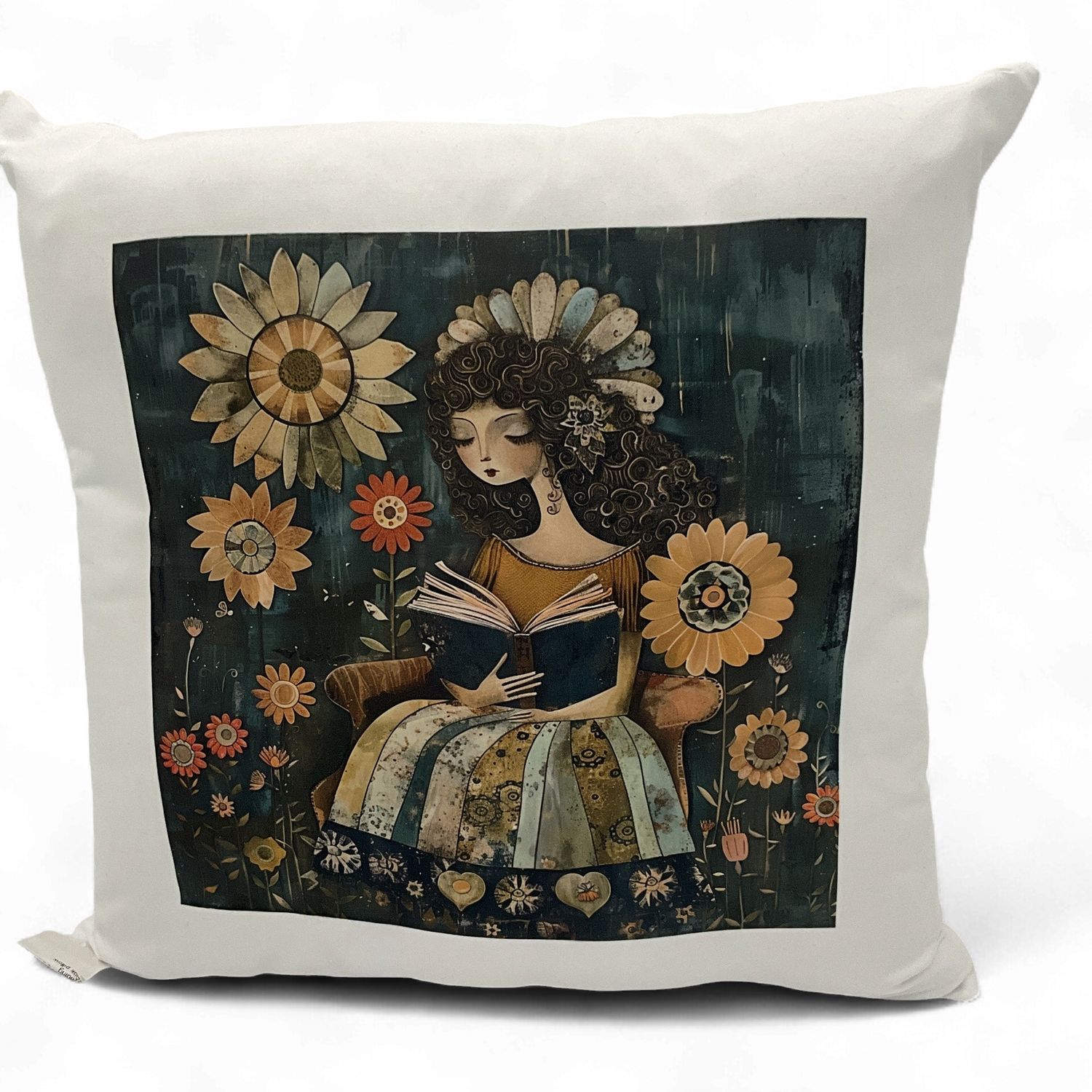 Whimisical girl reading book pillow