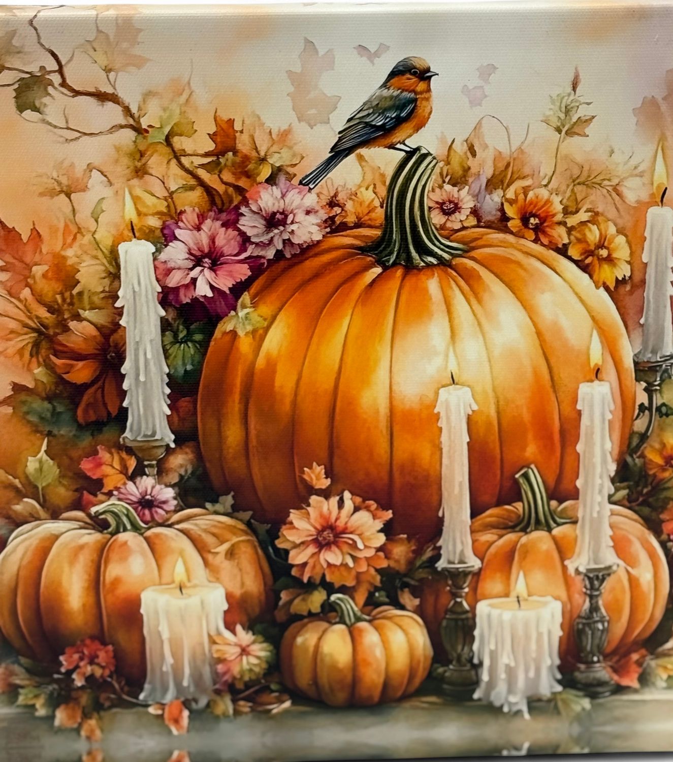 Autumn canvas art pumpkins/floral/apples 8 x10