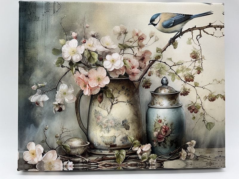 Canvas Victoria Bird and Vintge Pitcher