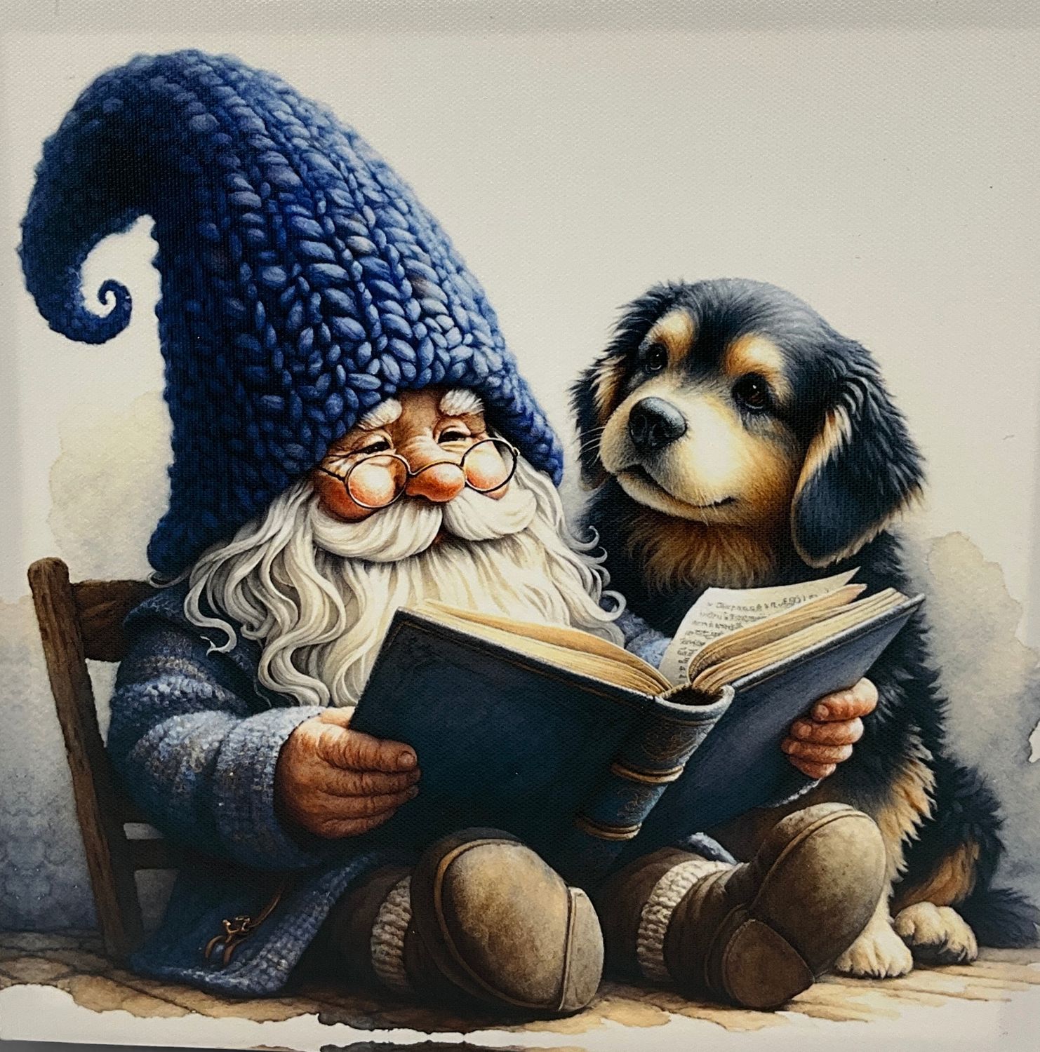 GNOME READING BOOK TO DOG CANVAS