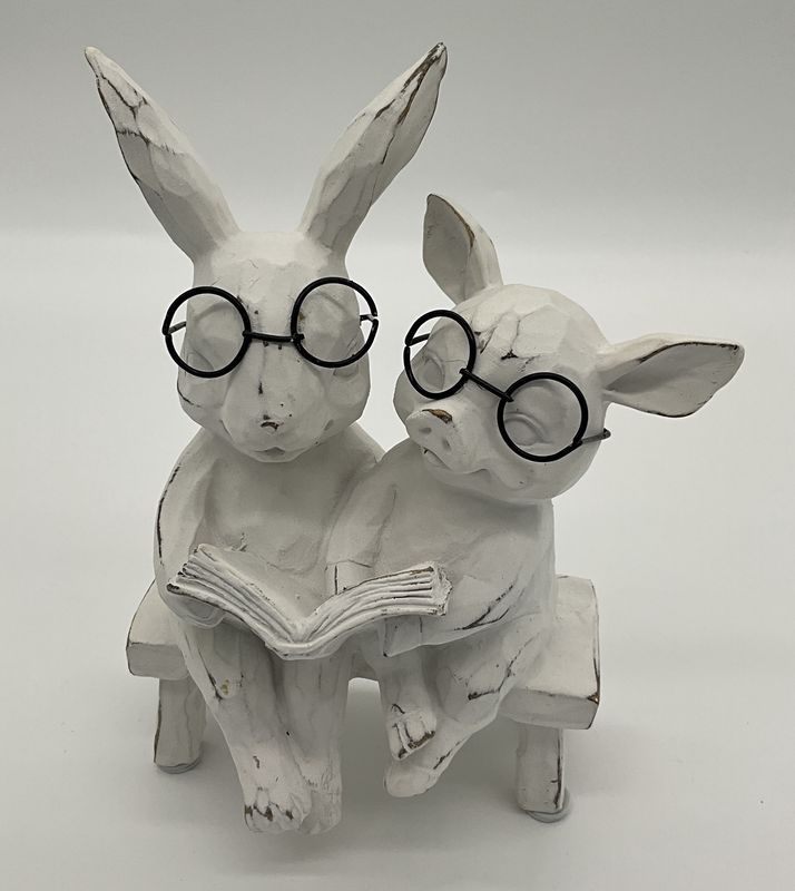 bUNNY PIG W GLASSES VINTAGE ON BENCH READING BOOK