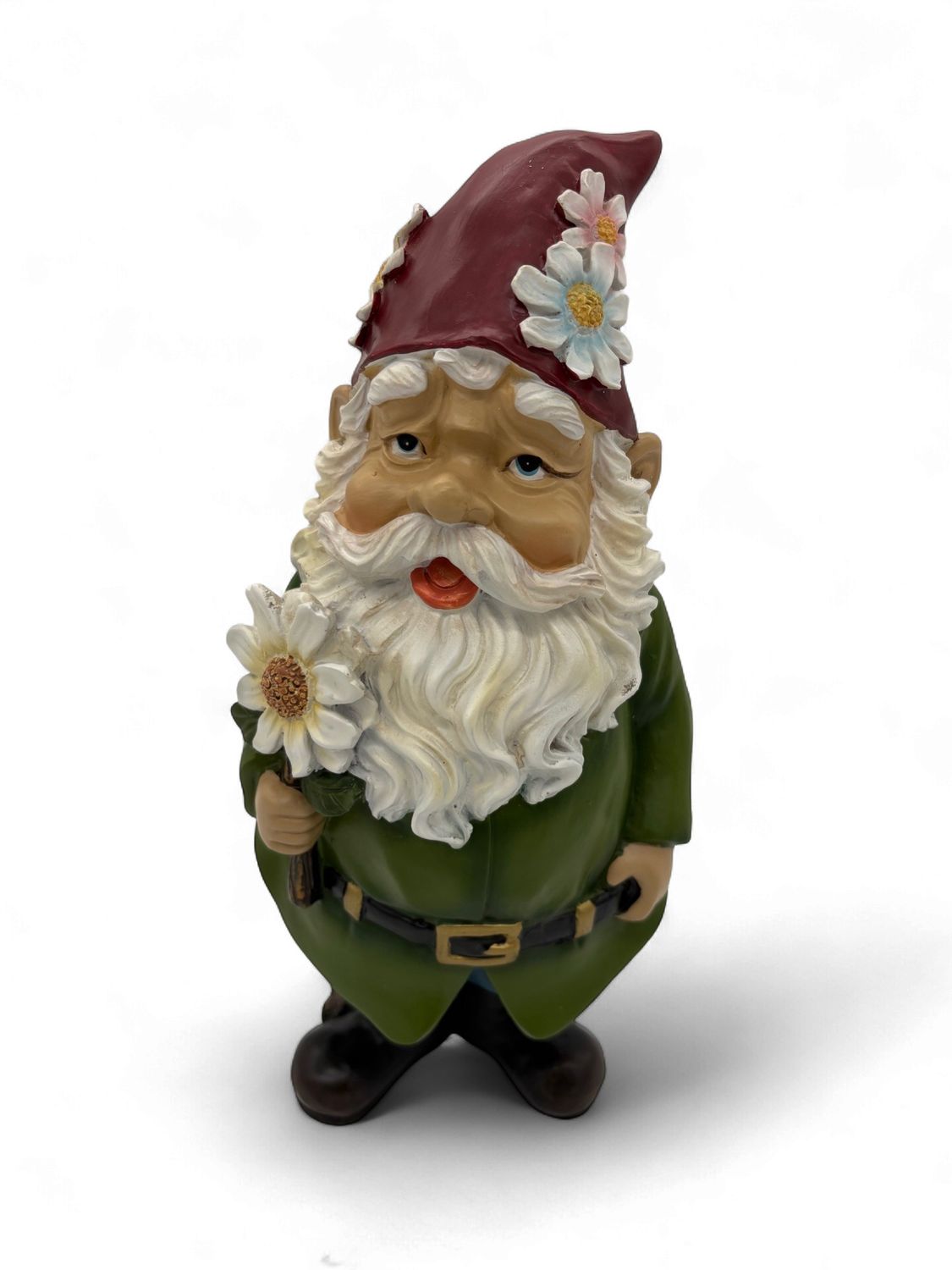 Gnome in red &amp; green with white Daisies