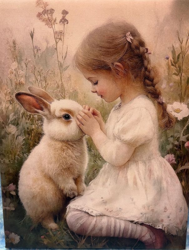 Rabbit and Girl Canvas 11 X 14