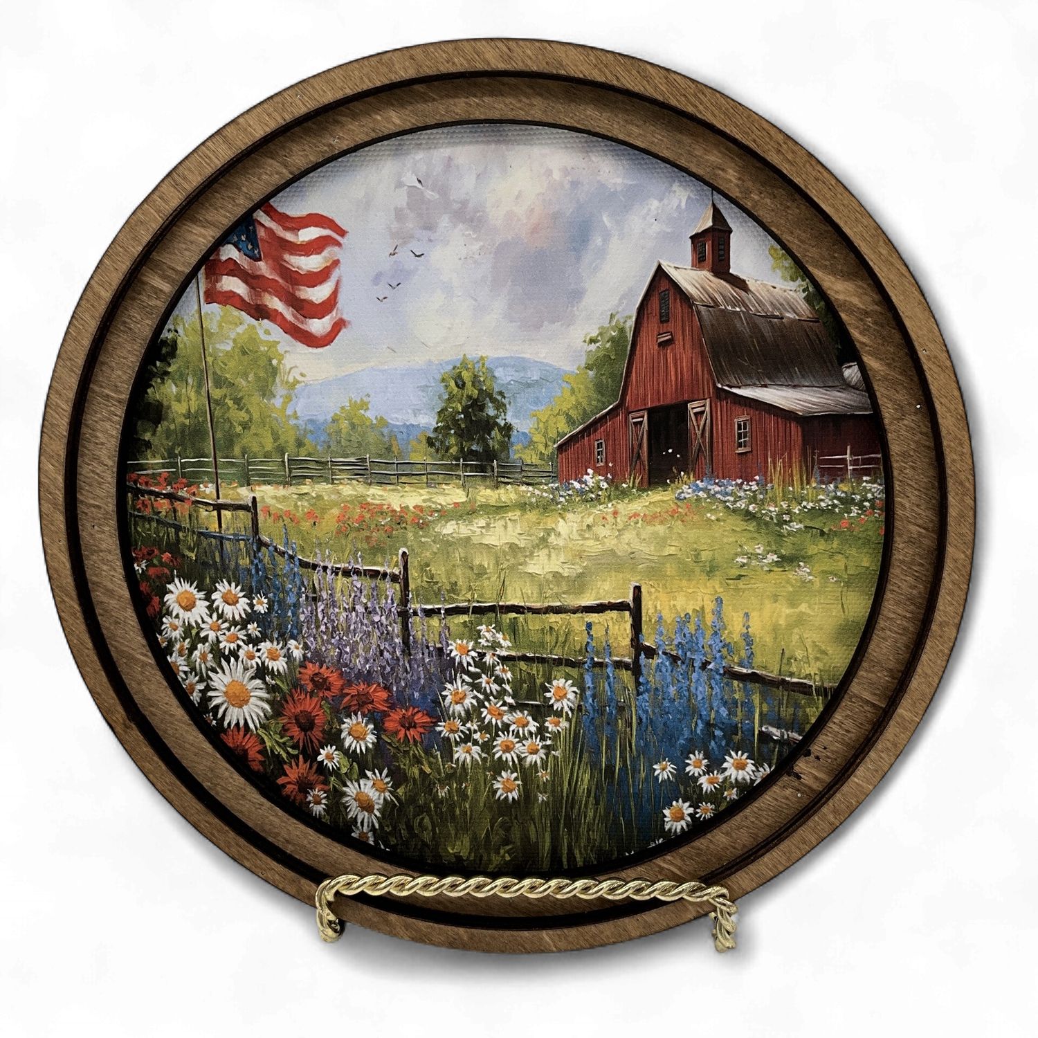 Patriotic Farm Scene in Round Frame