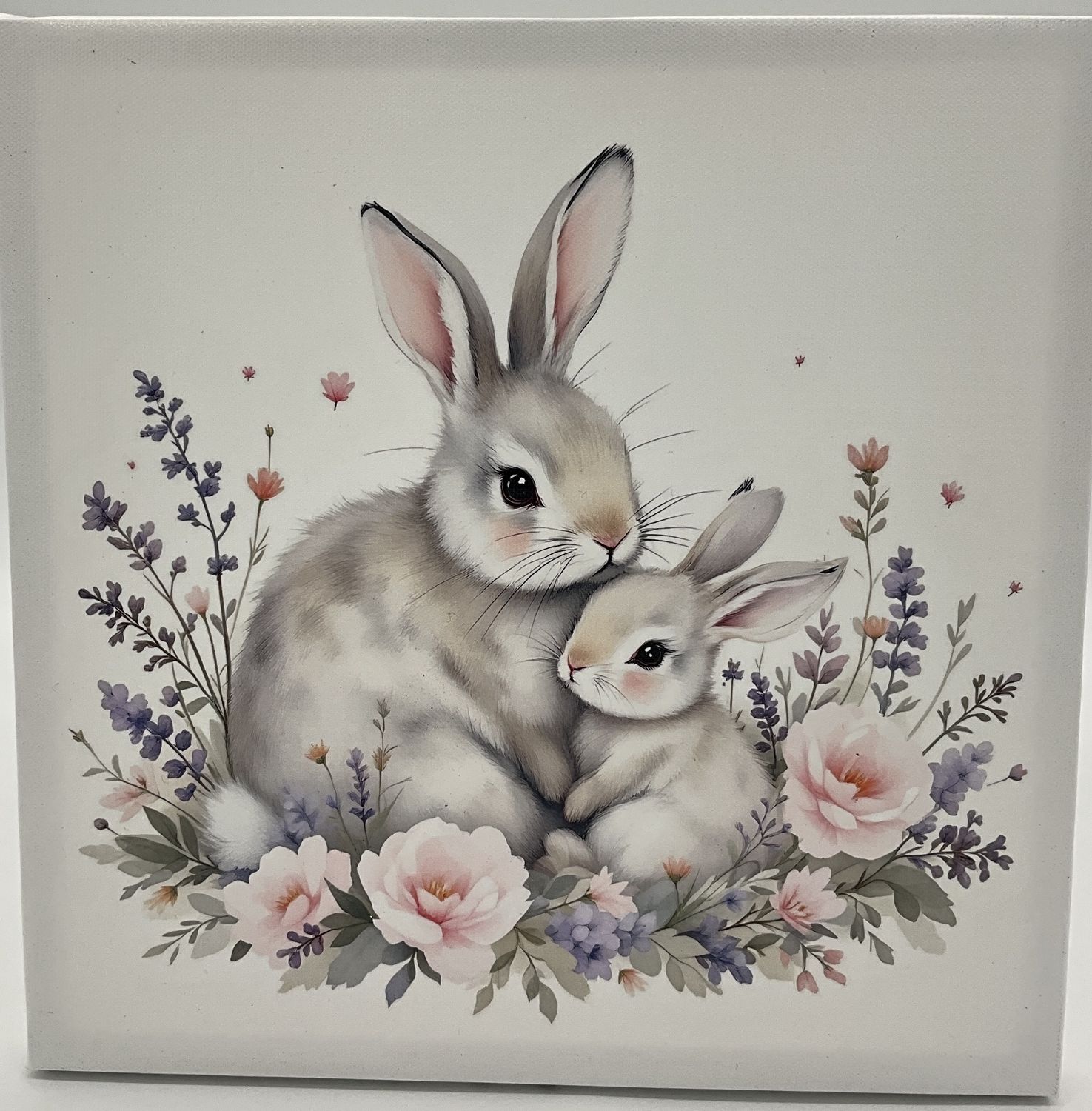 Mama Bunny with Baby and floral canvas