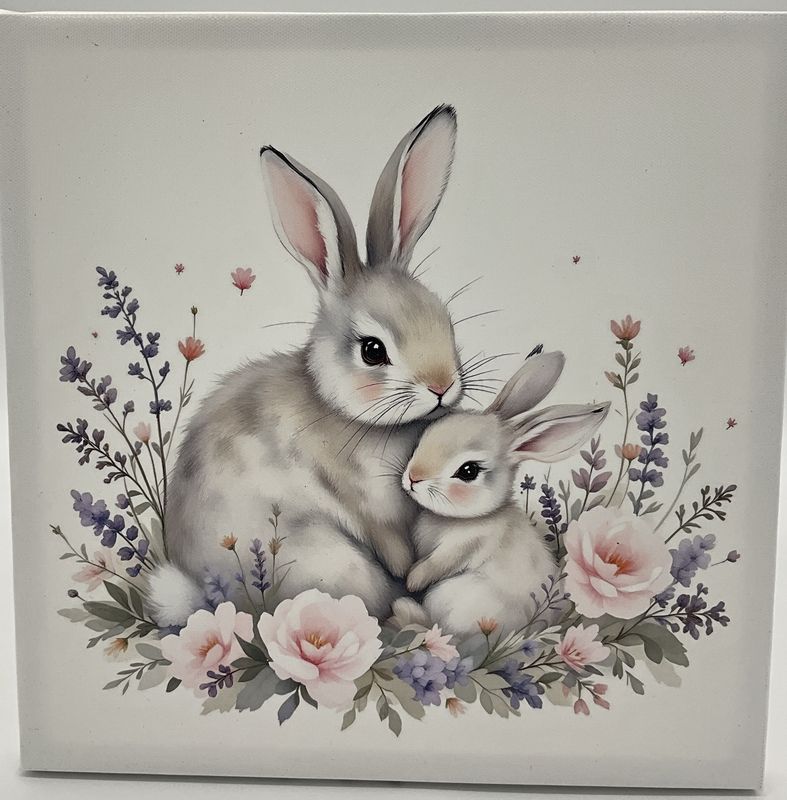Mama Bunny with Baby and floral canvas