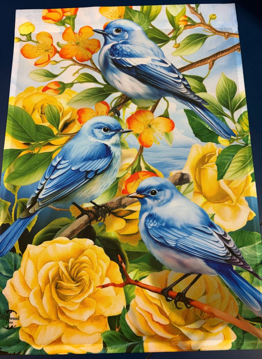 Blue Bird Yellow Roses Garden Flag