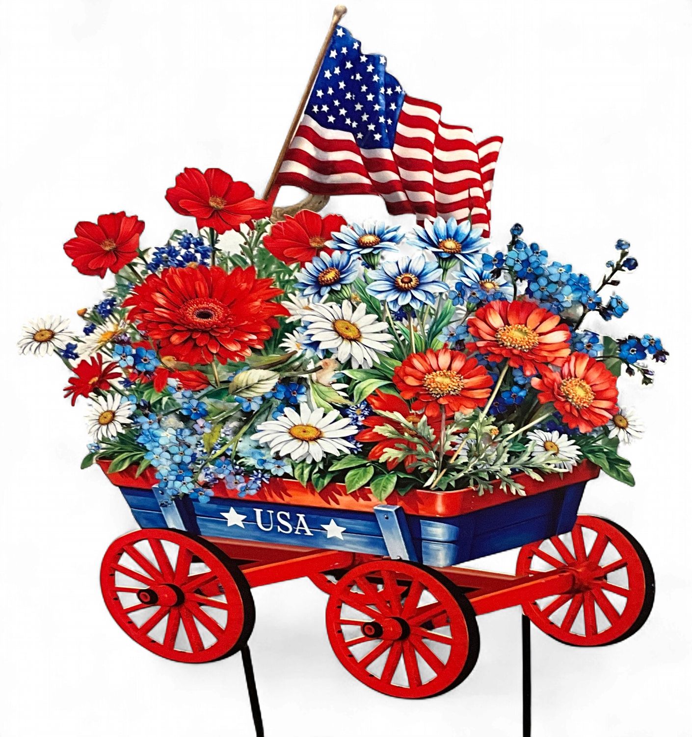 Wagon with Patriotic flowers metal