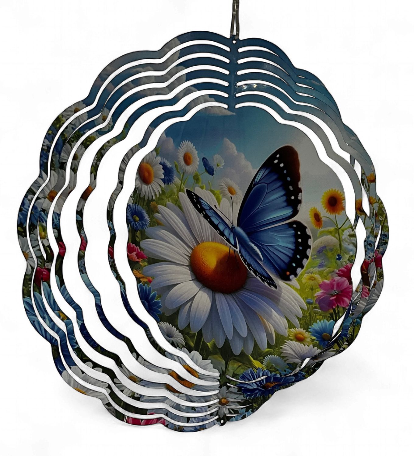 Blue Butterfly with White Daisies Wind Spinner