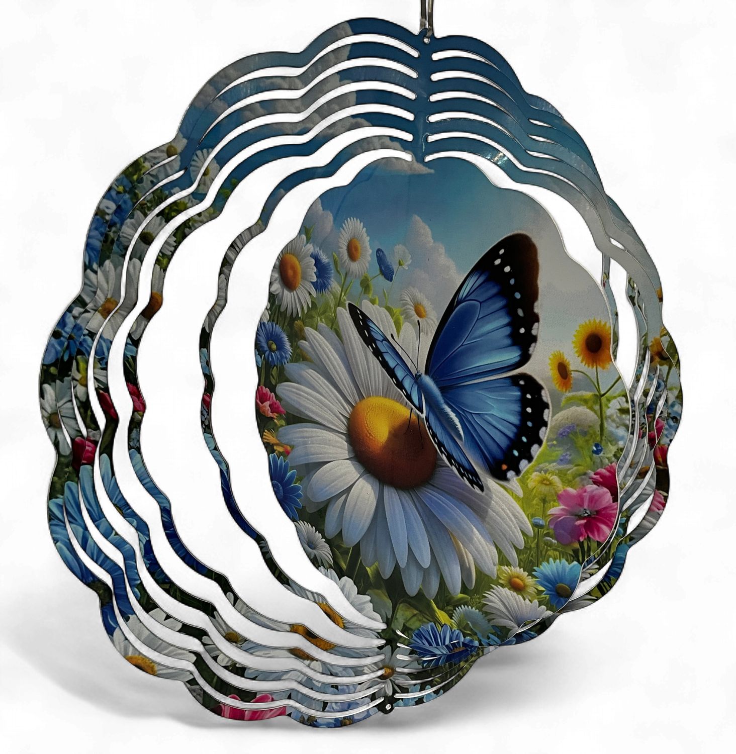 Blue Butterfly  white Daisies Wind Spinner