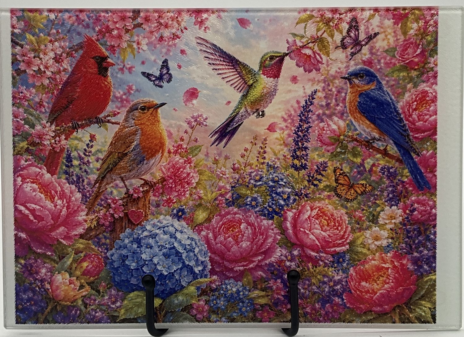 Birds in a Floral Scene on a Glass Cutting Board