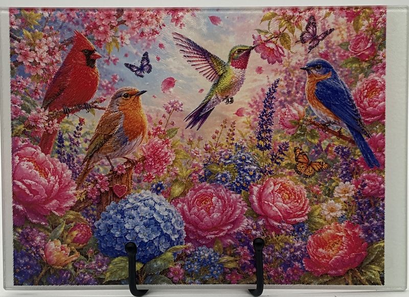 Birds in a Floral Scene on a Glass Cutting Board