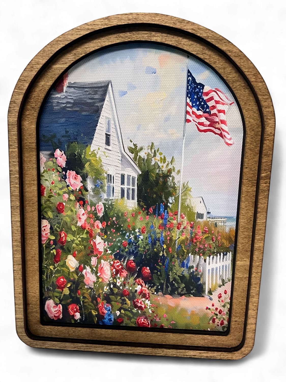 Beach House with USA Flag framed