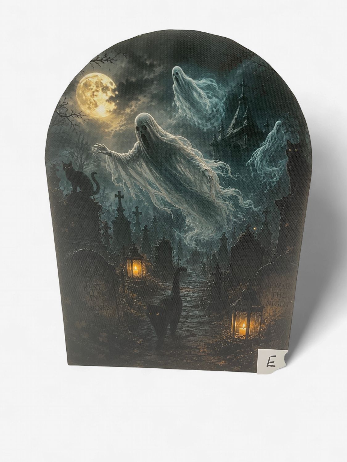 Ghost Flying over Cemetery with Black Cat &amp; Lanterns Arch Print