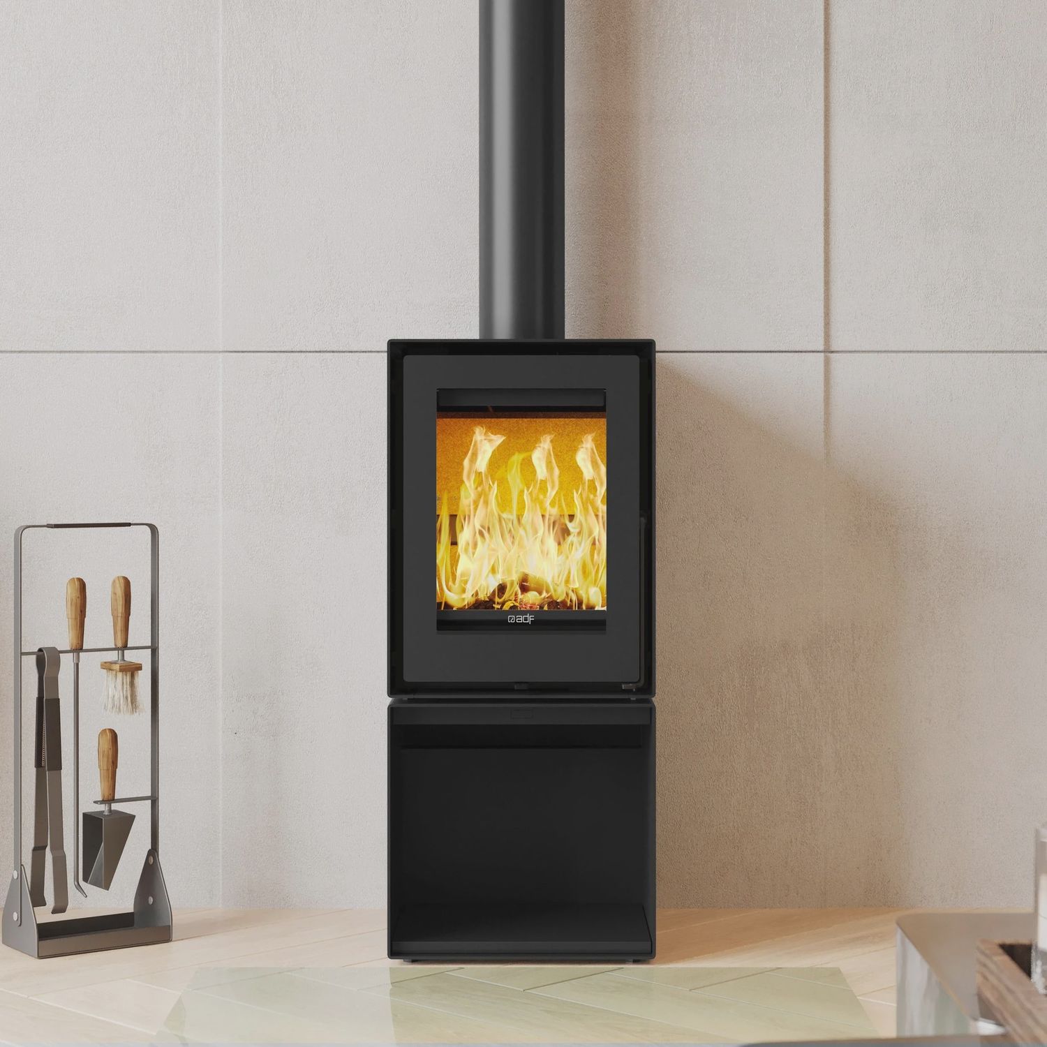 ADF Millenium L37 Freestanding Wood Fireplace, Base: Wood Stacker, Fan: Fan, Heat Shield: Heat Shield