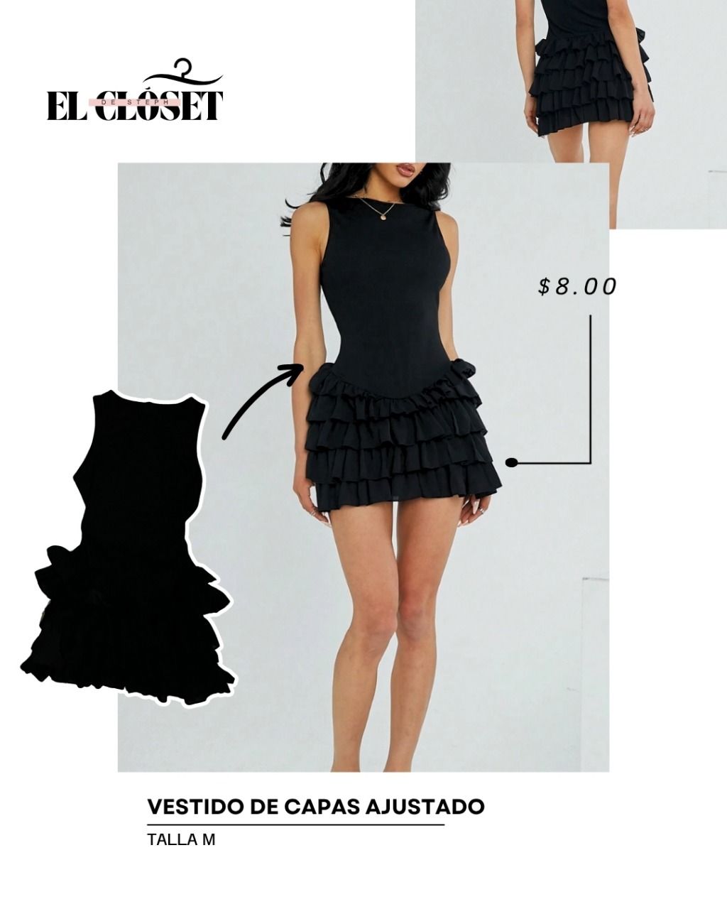Vestido corto negro ajustado con capas elegantes – Talla M – El Closet de Steph Panamá