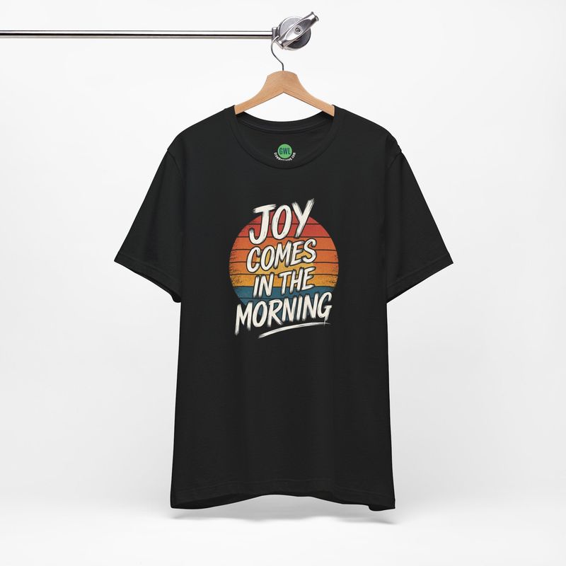Christian Retro Sunset Tee - Joy Comes in the Morning (Dark background)