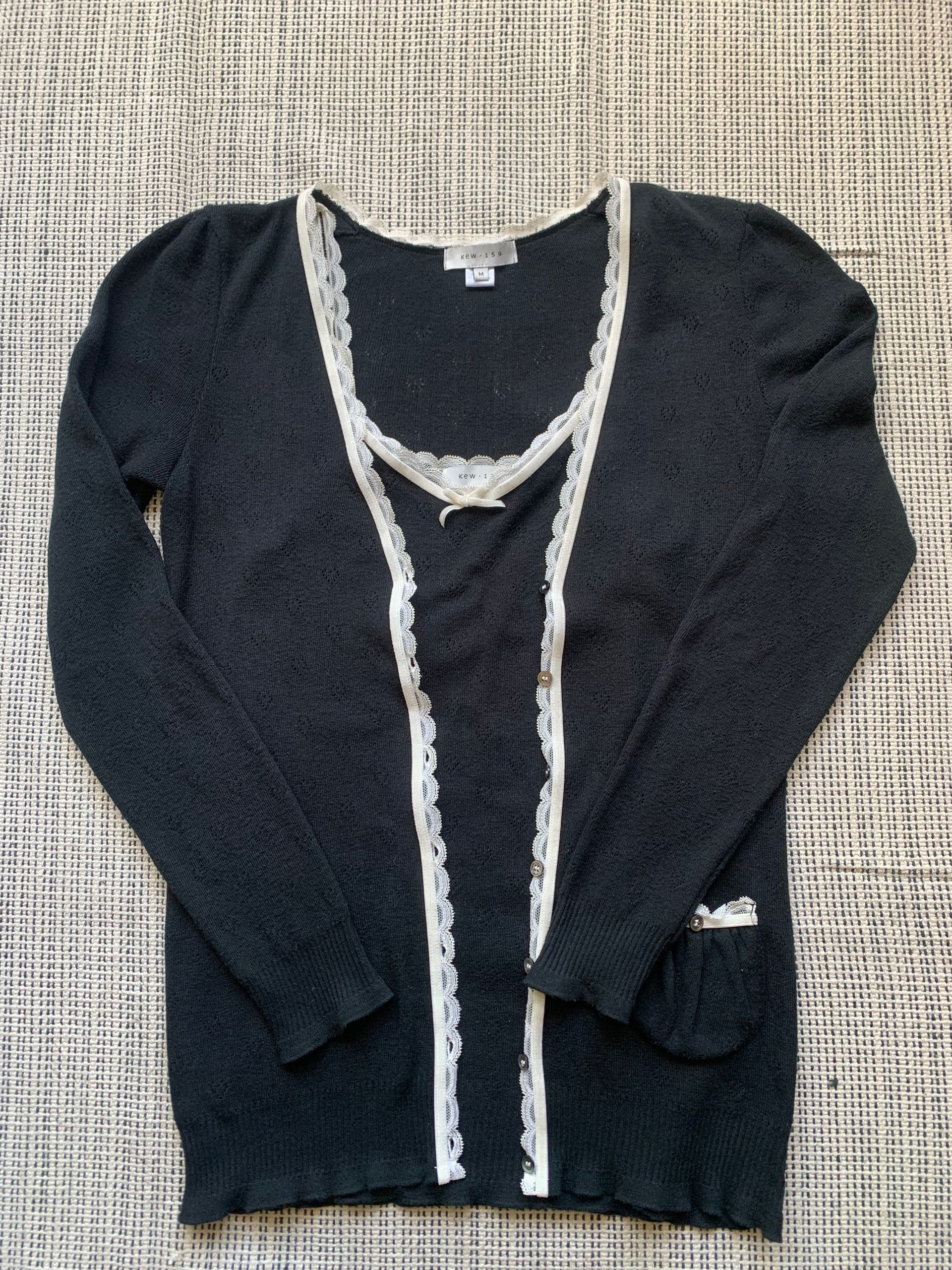 Kew 159 black & cream lace trim pointelle twinset Size M UK 12