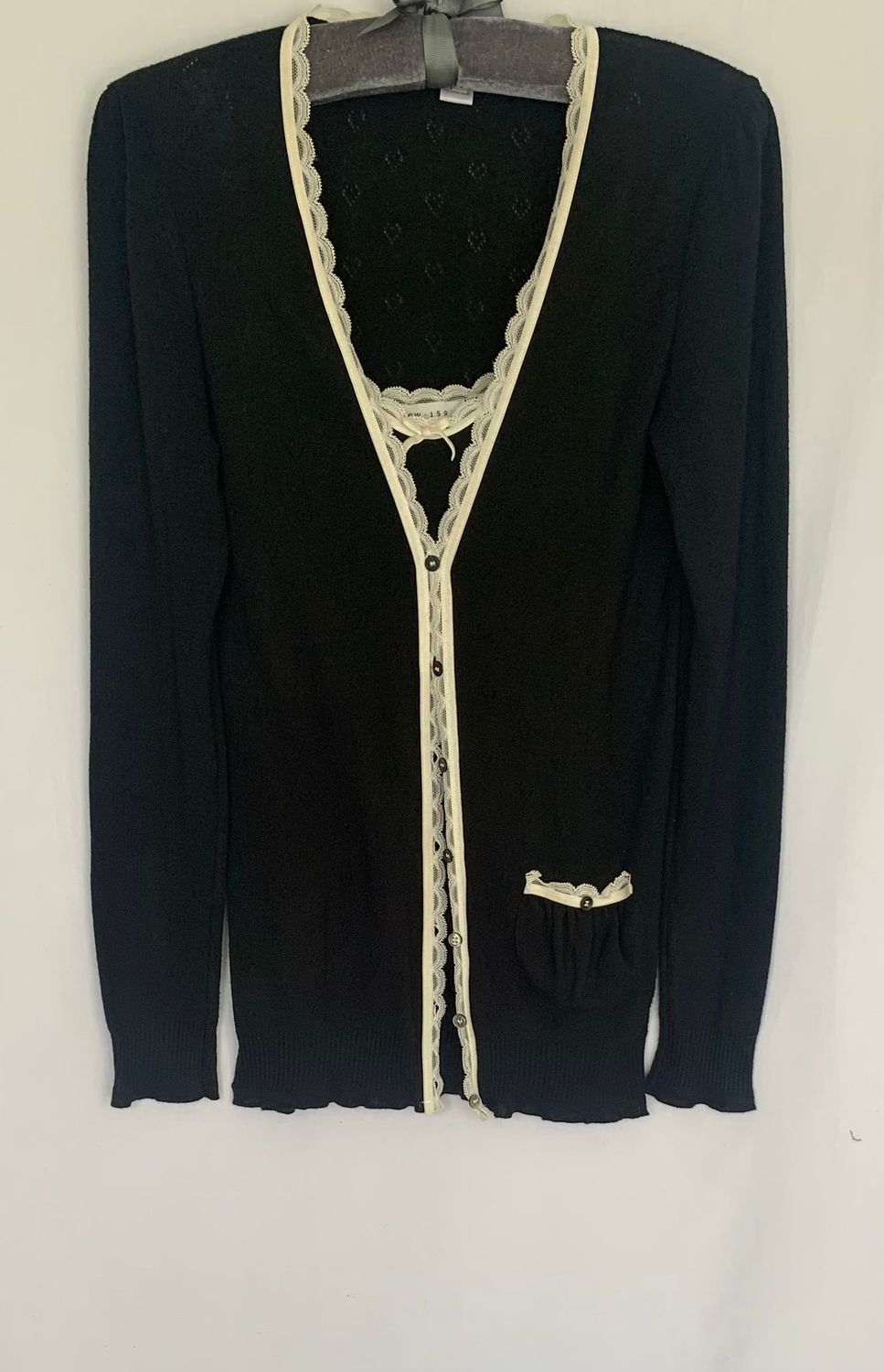 Kew 159 black & cream lace trim pointelle twinset Size M UK 12