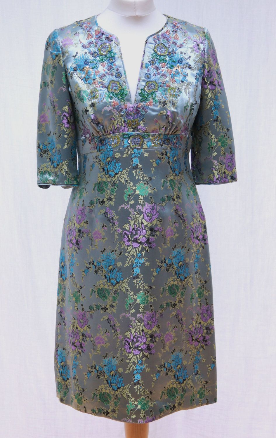 Whistles ice blue embroidered satin dress Size 10 (damaged)