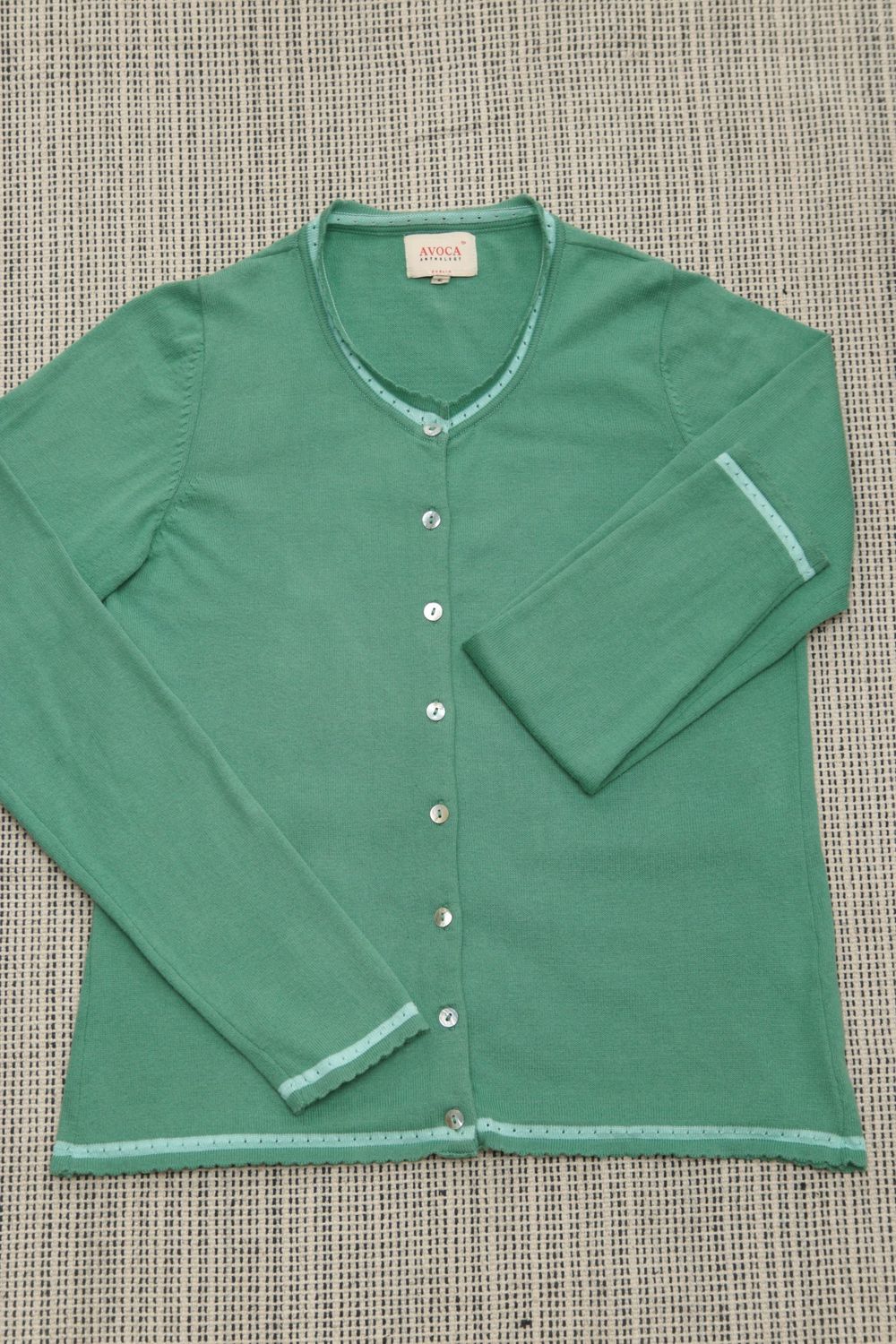 Avoca jade green cotton crew neck cardigan Size S UK 10
