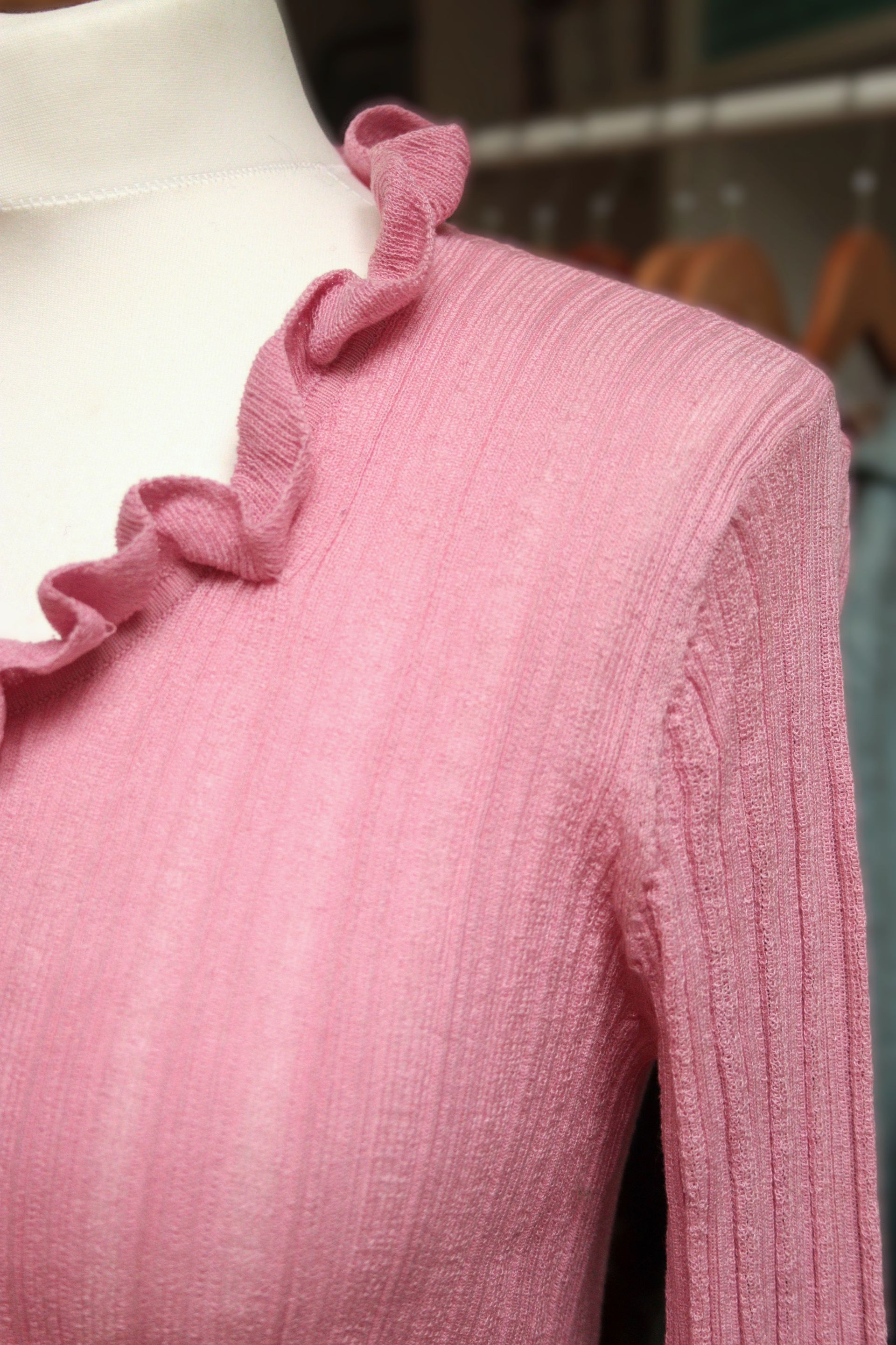 Episode pink ribbed ruffle neck cotton top Size L UK 14