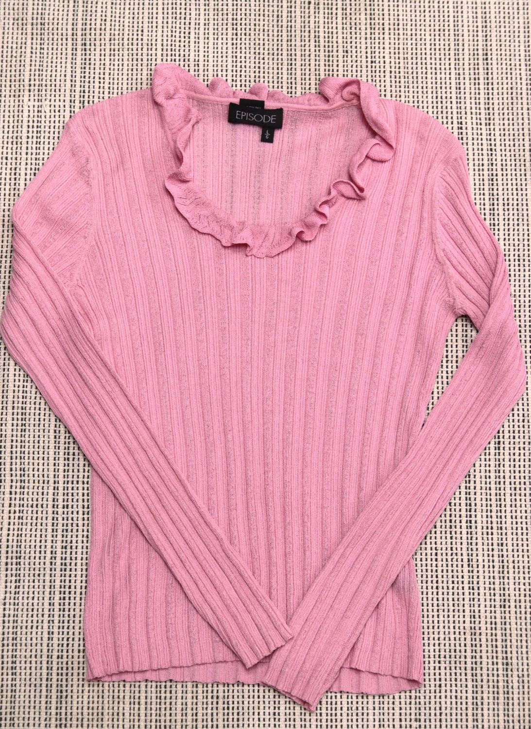 Episode pink ribbed ruffle neck cotton top Size L UK 14