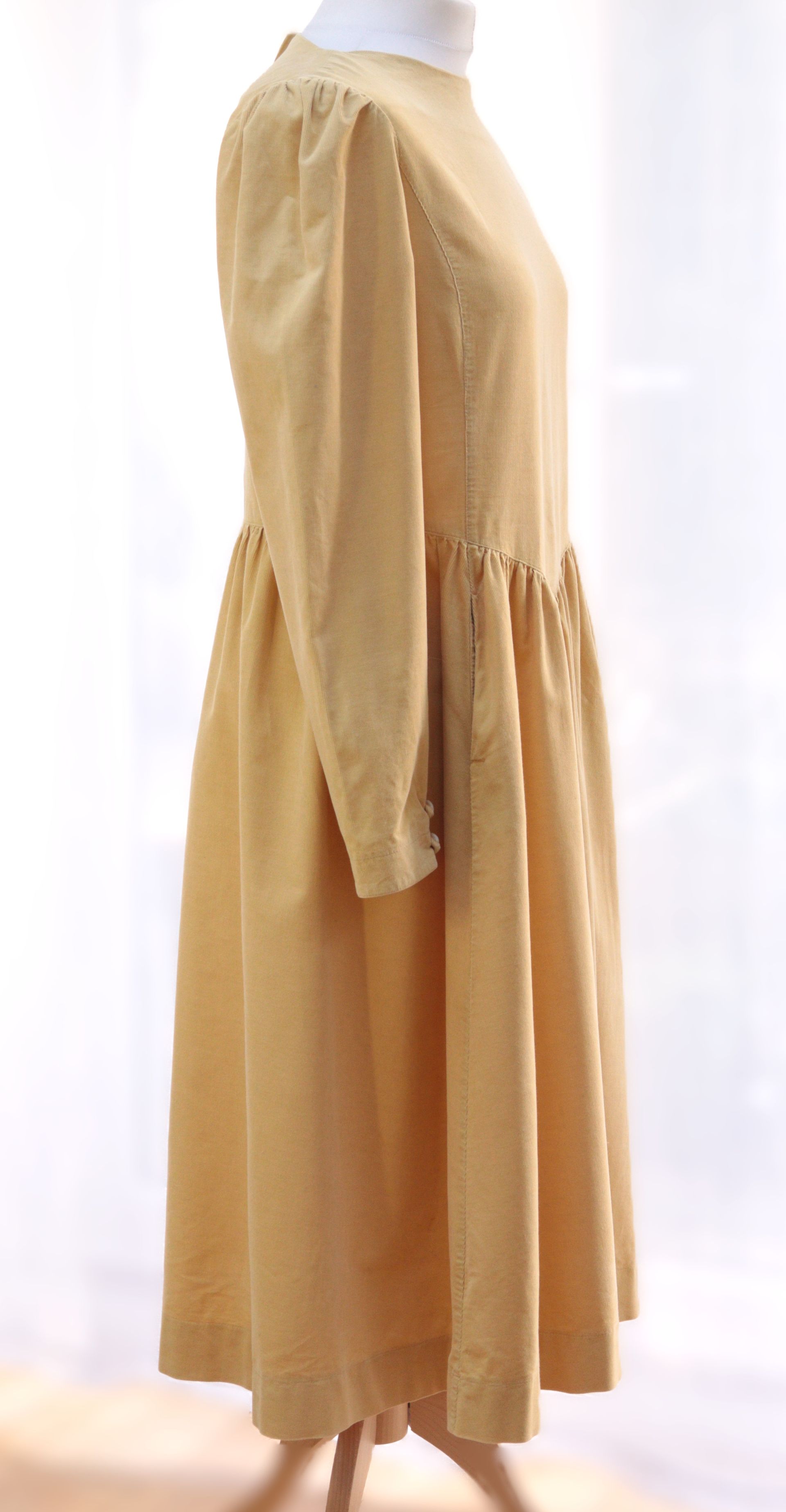 Laura Ashley soft yellow corduroy midi-length dress Size 14 (repaired)