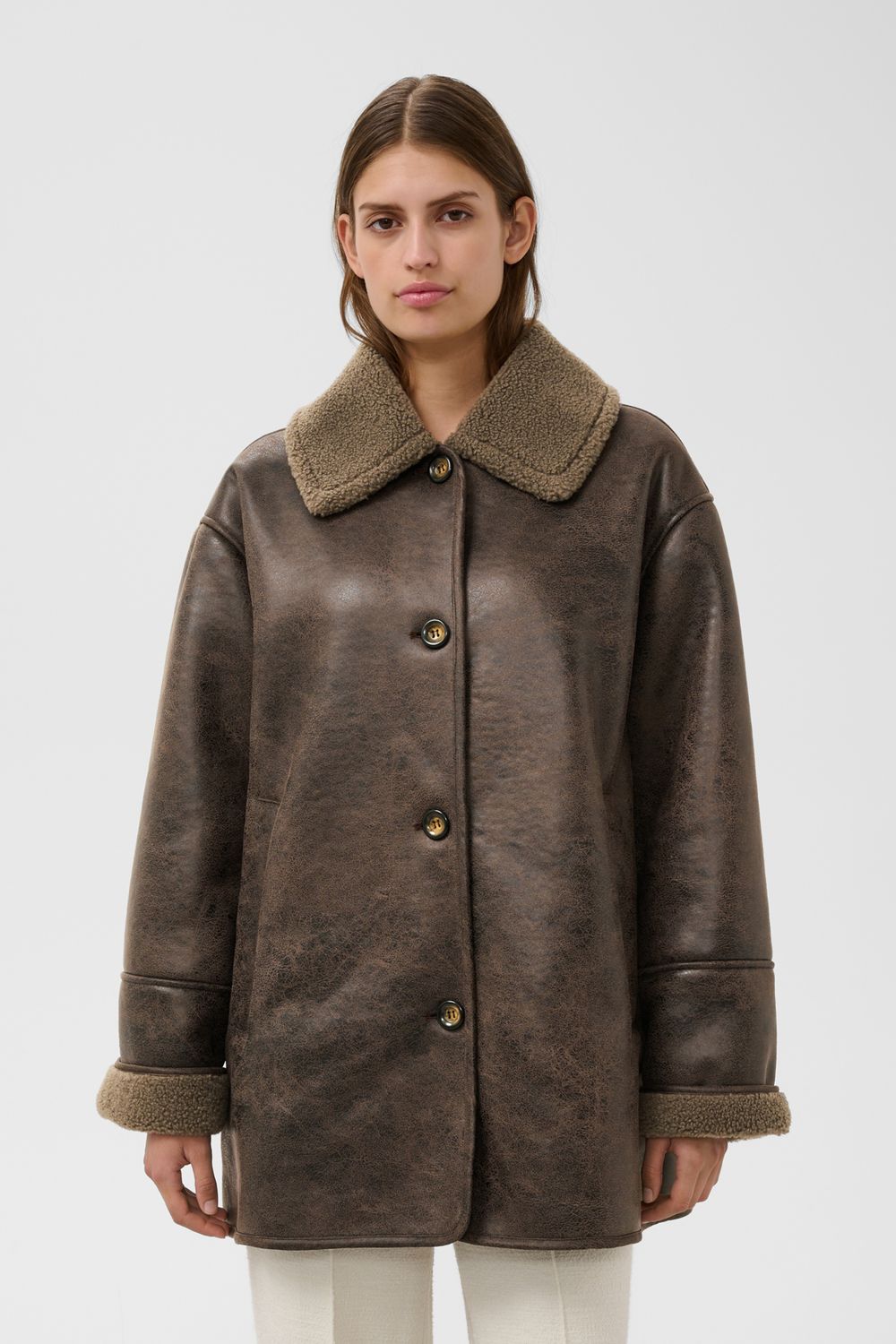 SOAKED CHARO  FAUX SHERLING JACKET, COLOUR: TURKISH COFFEE, SIZE: XS