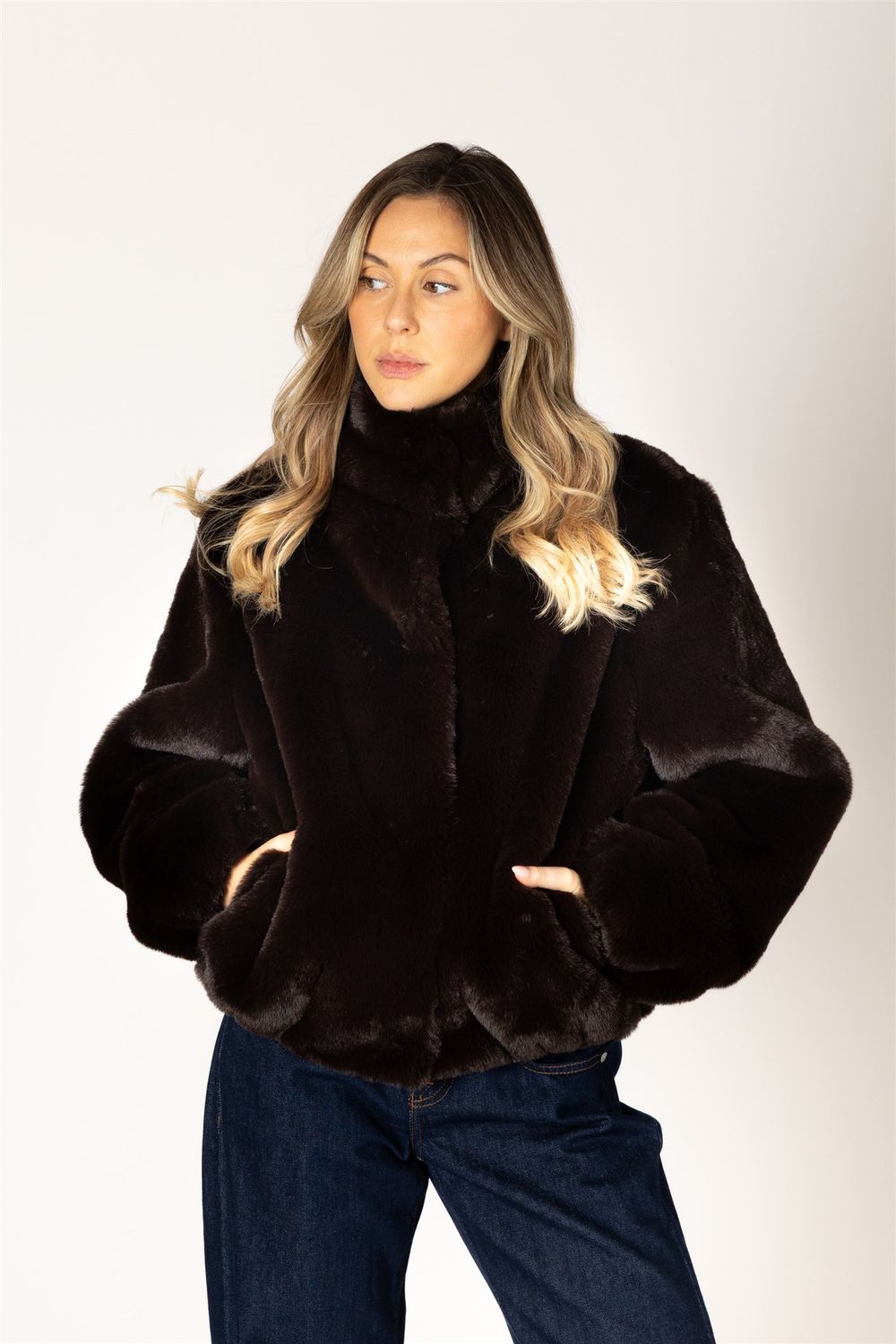 LYLA &amp; LUXE KENDRA SHORT FAUX FUR JACKET, COLOUR: BROWN, SIZE: XS