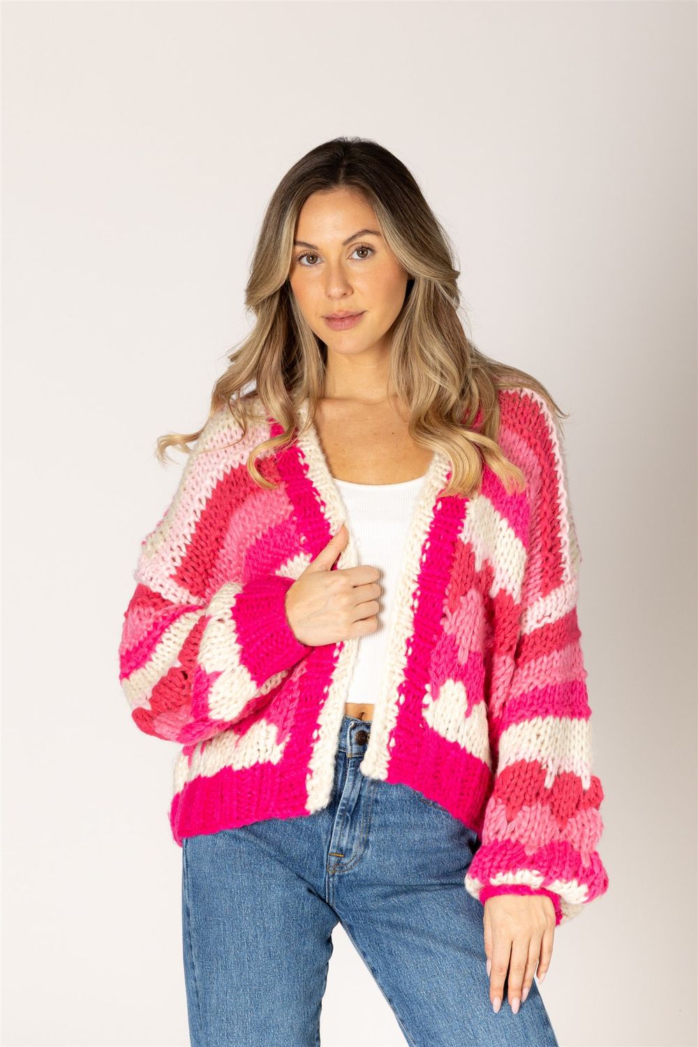 LYLA &amp; LUXE HUNTER HAND KNIT STRIPE CARDIGAN, COLOUR: MACARON STRIPE, SIZE: XS