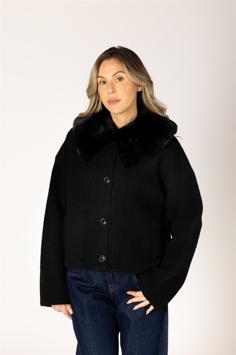 LYLA &amp; LUXE JONAH SHORT FUR COLLAR COAT, COLOUR: BLACK, SIZE: XS