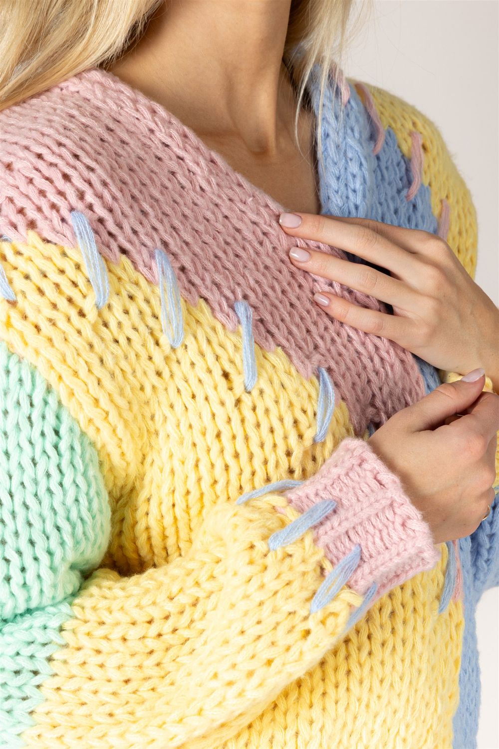 LYLA &amp; LUXE LILY HAND KNIT OPEN PATCH CARDI, COLOUR: YELLOW/PINK/BLUE, SIZE: XS