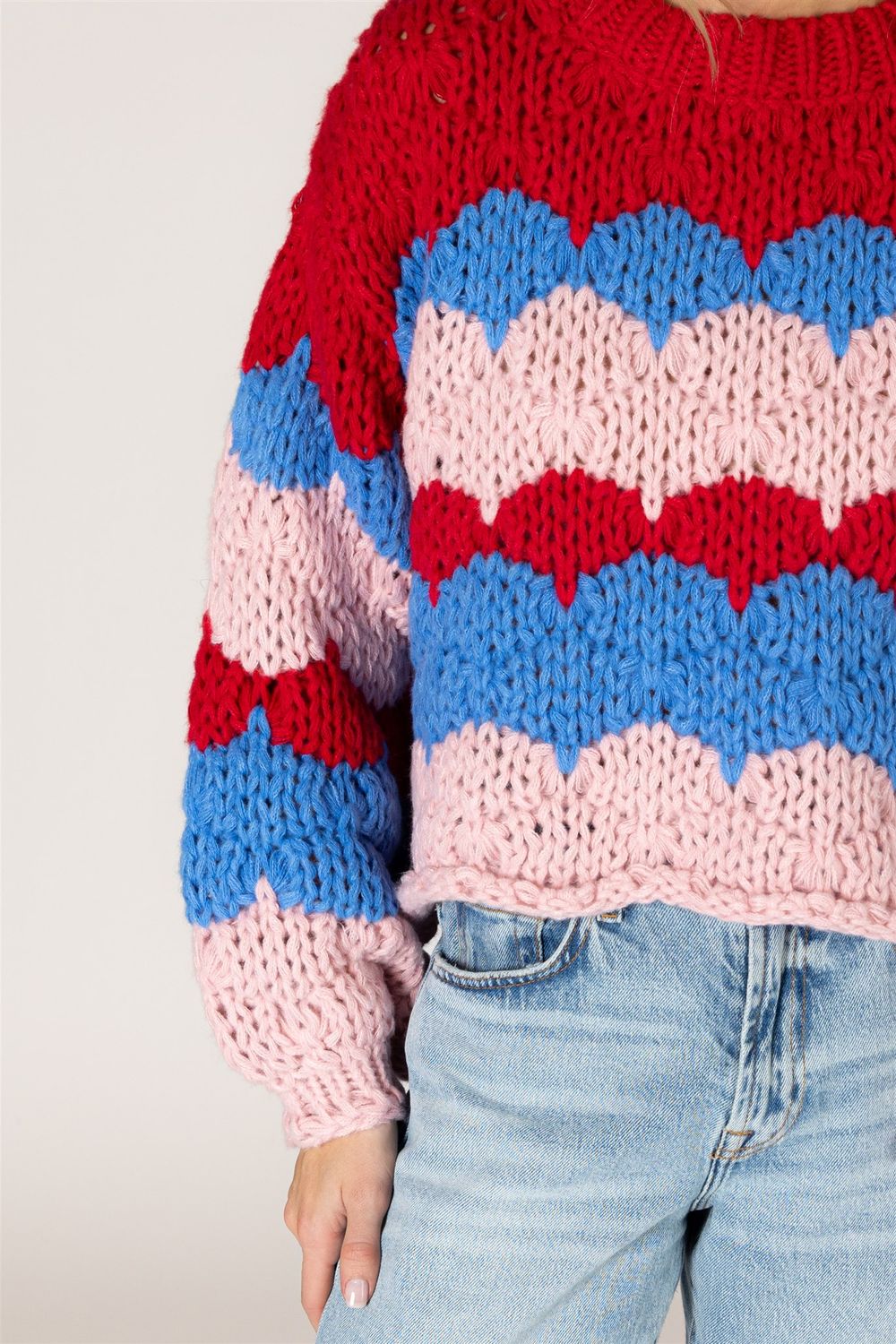 LYLA &amp; LUXE LYNN HAND KNIT STRIPE SWEATER, COLOUR: RED/BLUE/PINK, SIZE: XS
