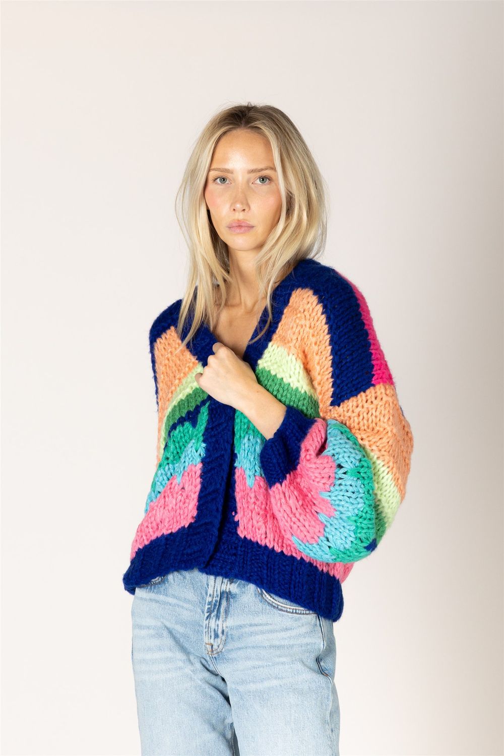 LYLA &amp; LUXE HADLEY HAND KNIT STRIPE CARDIGAN, COLOUR: COBALT STRIPE, SIZE: XS