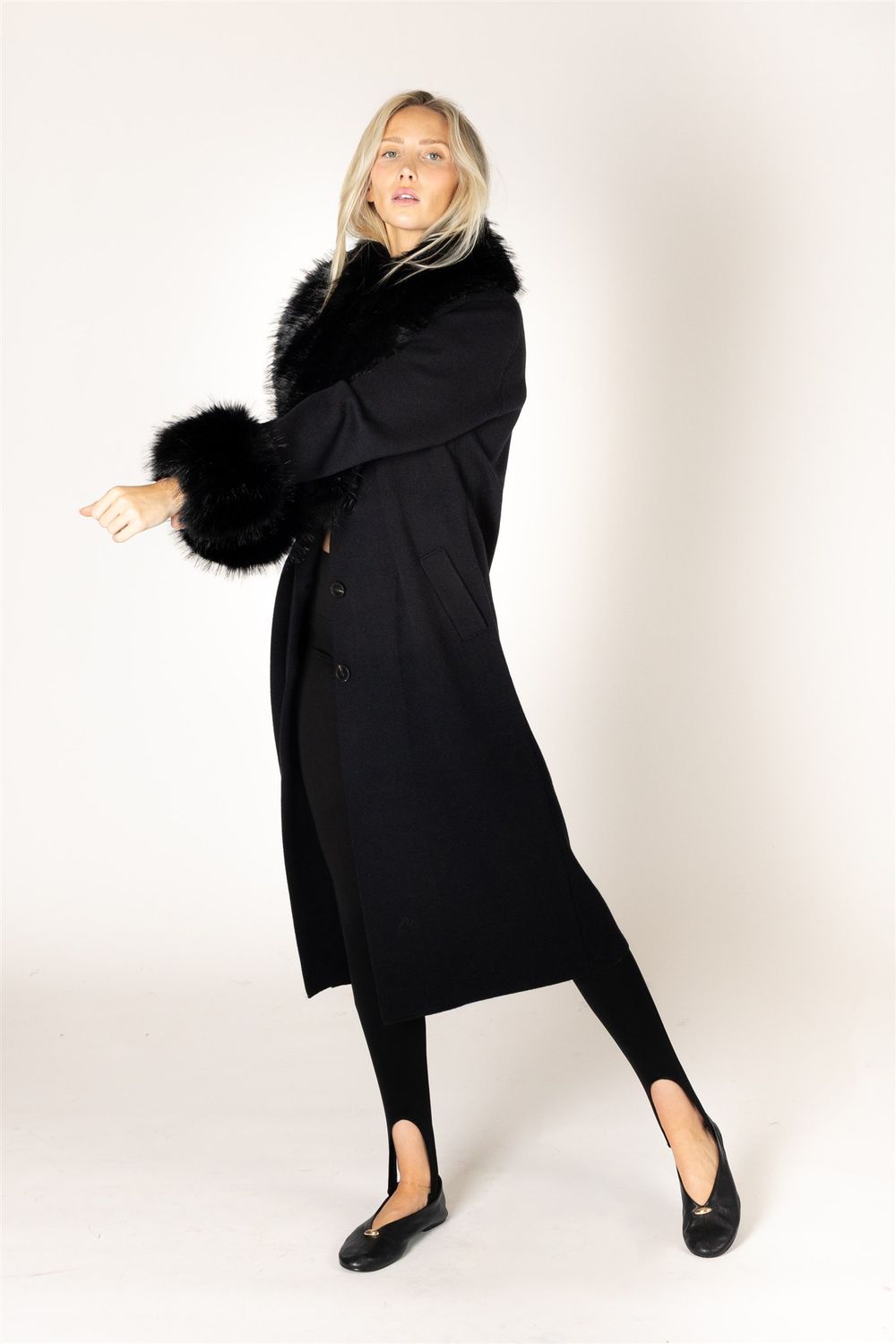 LYLA &amp; LUXE VICKI FUR  LONG COAT, COLOUR: BLACK, SIZE: XS