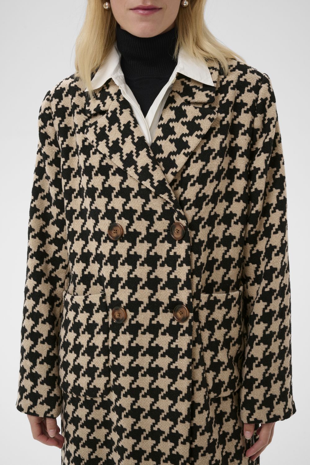 CULTURE KILARA HOUNDSTOOTH LONG COAT, COLOUR: BLACK/CAMEL HOUNDSTOOTH, SIZE: XS/34