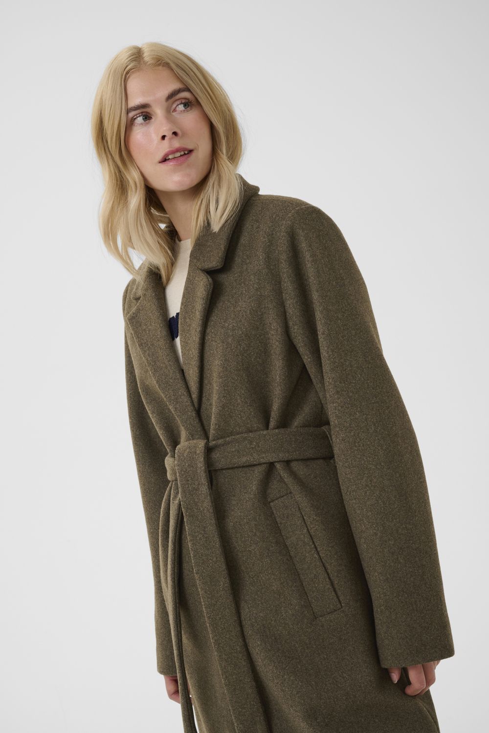 CULTURE PALONA LONG TIE FRONT COAT, COLOUR: OLIVE NIGHT MELANGE, SIZE: XS/34