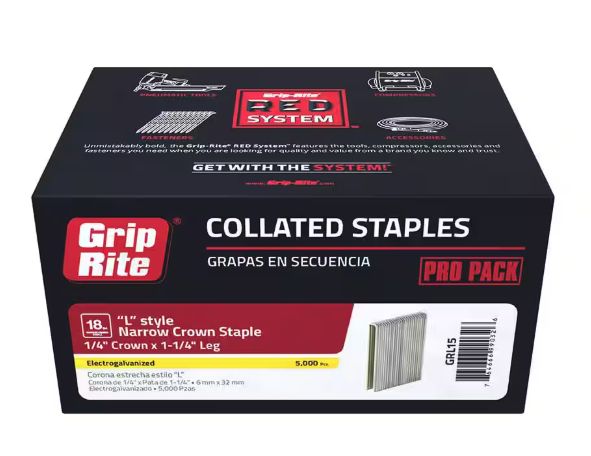1/4 in. x 1-1/4 in. 18-Gauge Adhesive Collated Electrogalvanized L-Style Narrow Crown Finishing Staples 5000 per Box