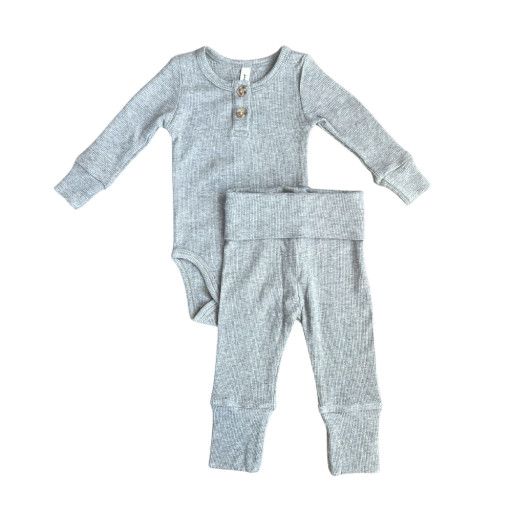 RIBBED HENLEY BODYSUIT SET, Color: HEATHER GRAY, Size: NB